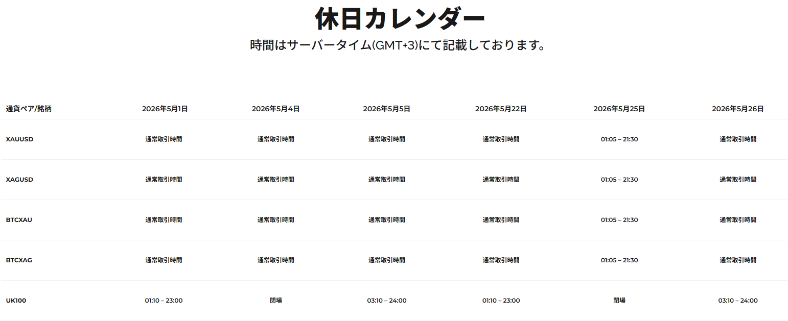 FXGT休日カレンダー